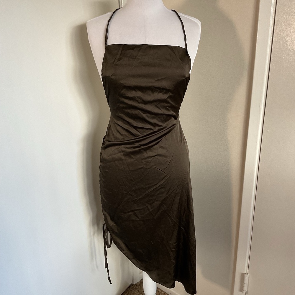 CBR Brown Satin Halter Backless Dress Side Tie Asymmetrical Medium